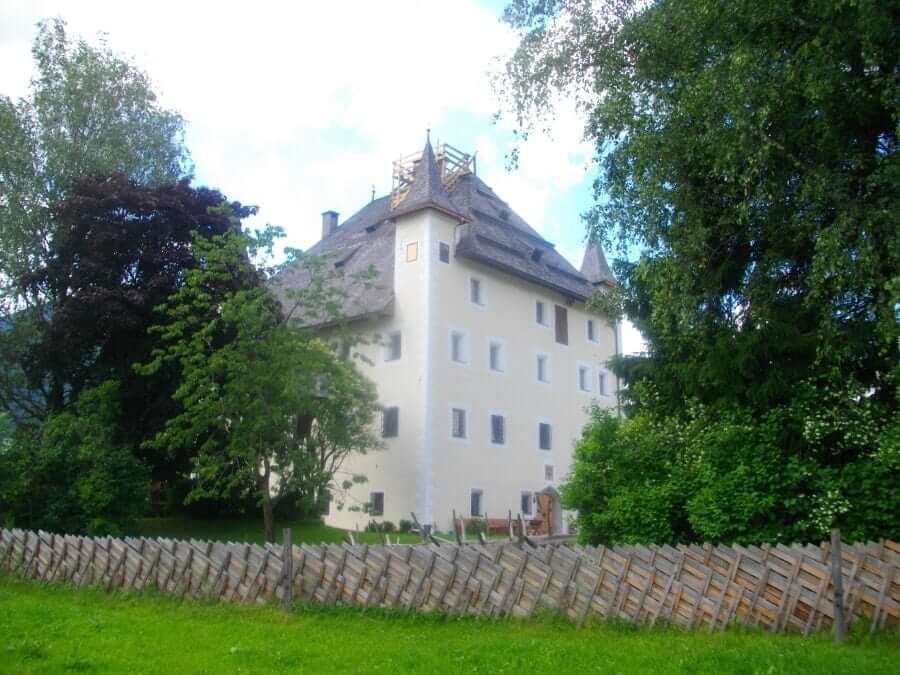 Historisches Schloss Saalhof mit markantem Dach, umgeben von Bäumen und Weide am Bauernhof