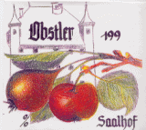 Gezeichnetes Etikett mit Äpfeln, Birnen und Schlossmotiv, Schriftzug „Obstler Saalhof“