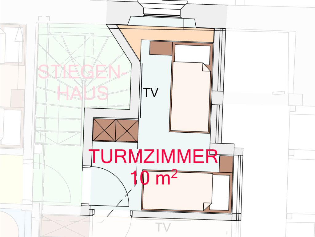 Grundriss Turmzimmer mit 10 m², zwei Betten, Schränken und TV im Schloss Saalhof Maishofen